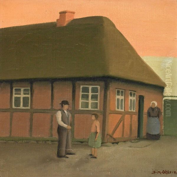 Persons In Front Of Farm House Oil Painting by Jeppe Madsen-Ohlsen