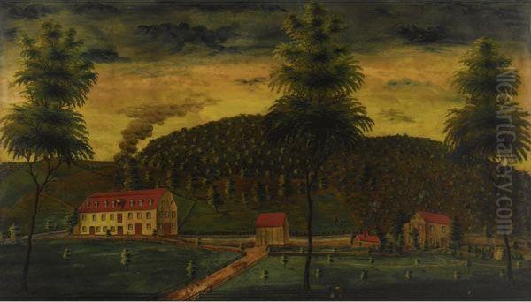 Red-roofed Distillery And Out-buildings Nestled In Greenhills Oil Painting by Jacob Maentel