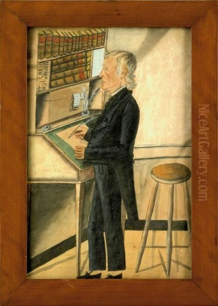 Watercolor Interior Scene Depicting A Gentleman Standing At A Desk Beside A Windsor Stool Oil Painting by Jacob Maentel