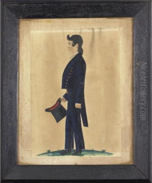 Portrait Of A Handsome Dark Haired Young Man In Black Coat And Black Top Hat Oil Painting by Jacob Maentel