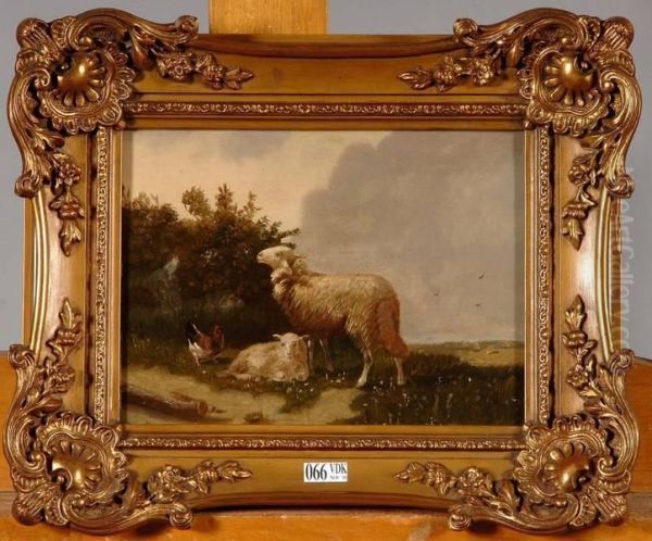 Moutons Et Coq Au Pre Oil Painting by Henri Hendrik Maes /