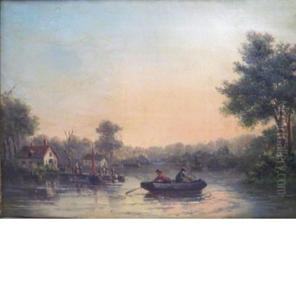 Paddling On The River Oil Painting by Henri Hendrik Maes /