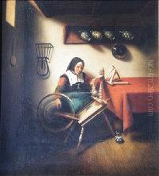 Lady At A Spinning Wheel Oil Painting by Adolphe Maes