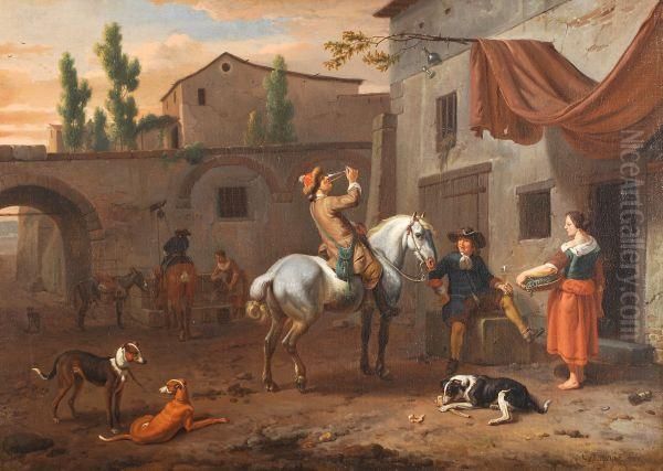 A Traveller Taking Refreshment Outside An Italianate Tavern In A Courtyard Oil Painting by Dirck Maas