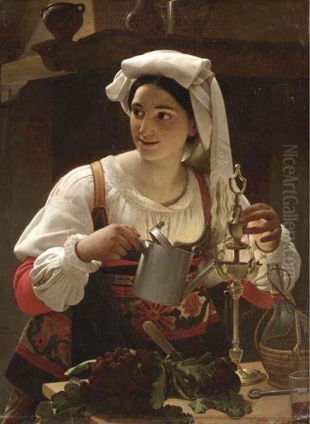 A Young Maiden Filling An Oil Lamp Oil Painting by Jan Baptist Lodewyck Maes