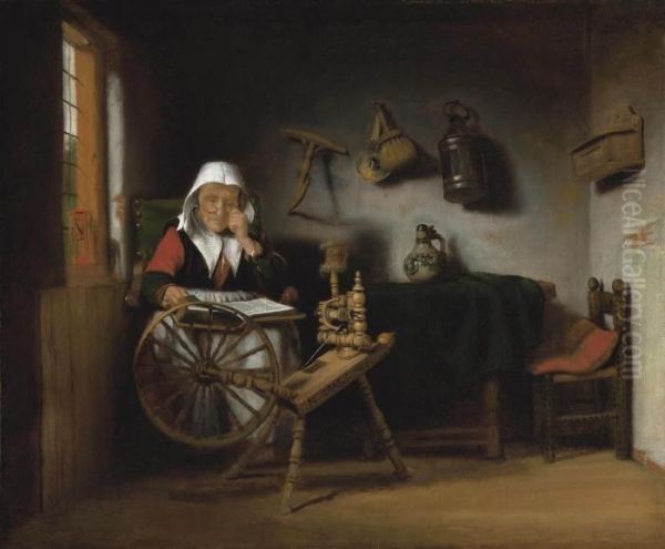 An Old Woman Reading By A Spinning Wheel Oil Painting by Nicolaes Maes