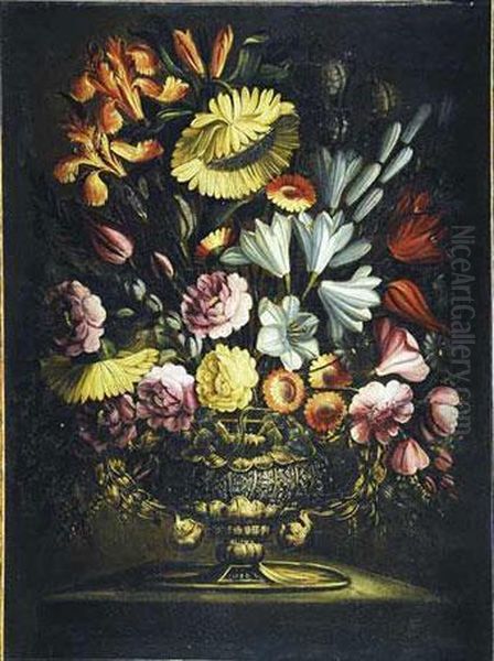 Flores En Un Jarron De Bronce Sobre Una Repisa Oil Painting by Maestro De Los Vasos Grutescos