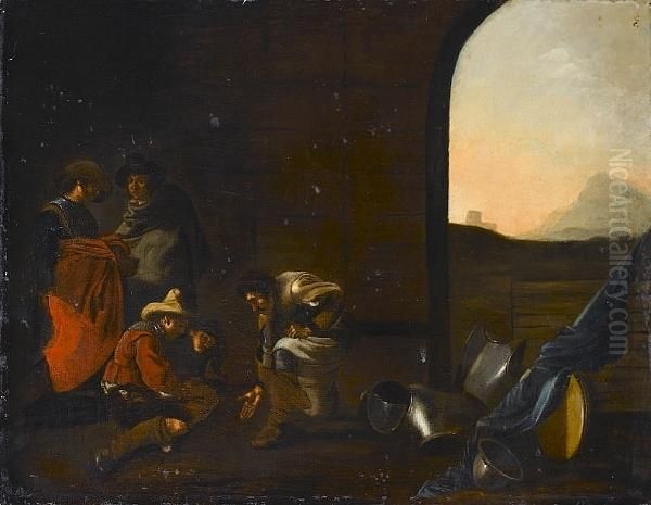 Soldiers Playing Dice, A Flag And Armour Lying Nearby Oil Painting by Maestro Dei Mestieri