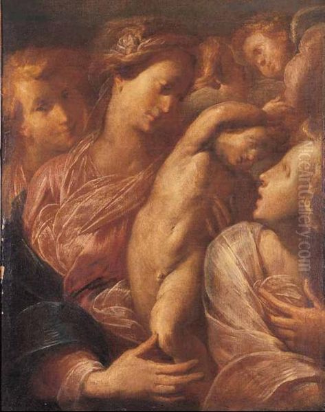 Madonna Con Il Bambino E Angeli Oil Painting by Maestro Del San Sebastiano Monti