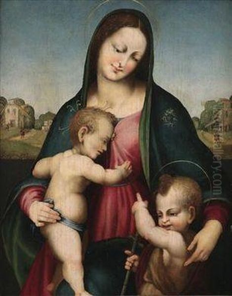 The Virgin And Child With The Infant Baptist Oil Painting by Maestro Di Serumido