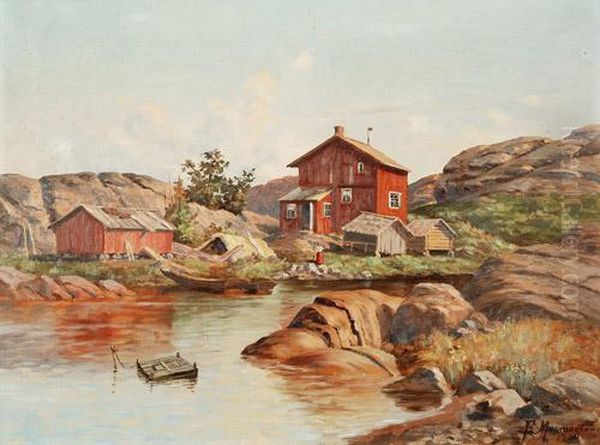 Flusslandschaft Mit Haus Und Hutten Oil Painting by Frans Maexmontan