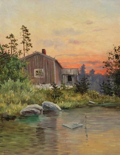 Haus Am Fluss Im Abendrot Oil Painting by Frans Maexmontan