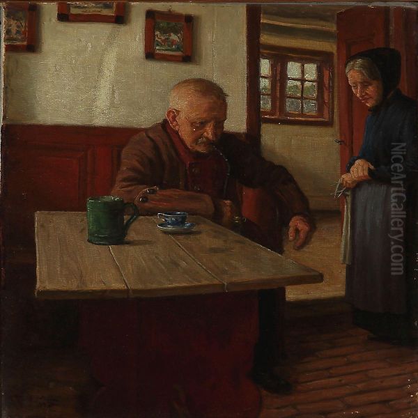 Country Interior With An Elderly Couple Oil Painting by Valdemar Magaard