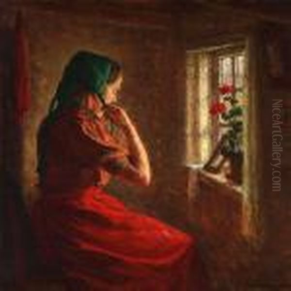 A Girl Who Ties Her Bonnet In The Window Light, Presumably On Zealand Oil Painting by Valdemar Magaard