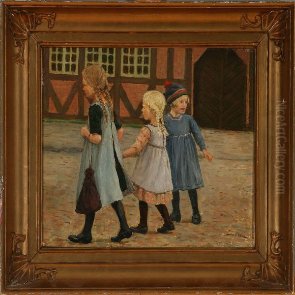 Smaapiger Som Gaartil Skole Oil Painting by Valdemar Magaard