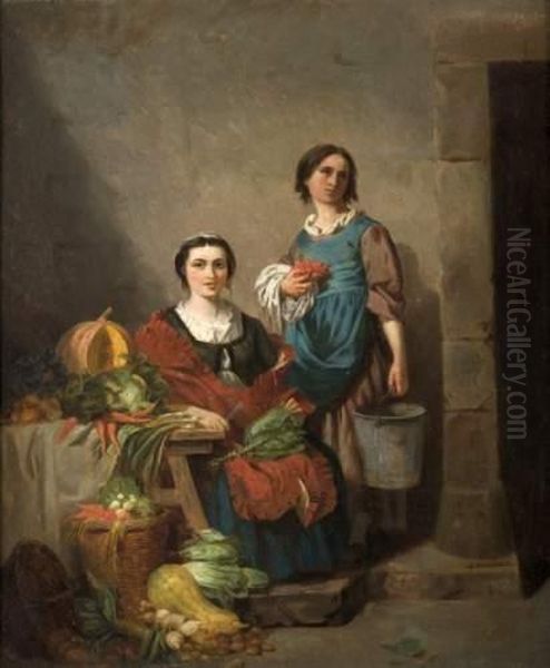 Les Marchandes De Legumes Oil Painting by Dominique Antoine Magaud