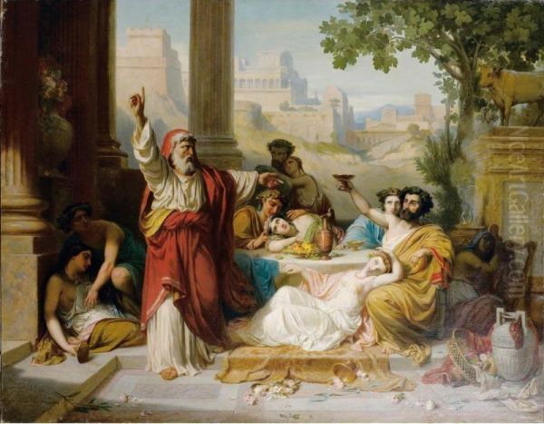 Jeremie Reprochant Aux Juifs Leurs Dereglements [ ; Jeremiah Reproaching The Jews Fot Their Excesses ; Oil On Canvas Signed And Dated 1852] Oil Painting by Dominique Antoine Magaud