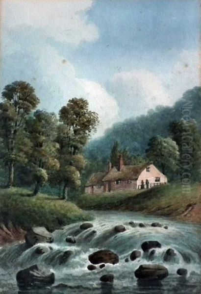 River Landscape With Cottages To Bank Oil Painting by H. Magenis