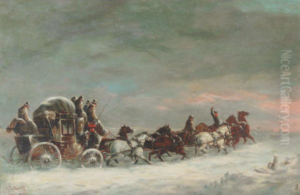 The Bristol, Bath And London Coach In A Blizzard Oil Painting by John Charles Maggs