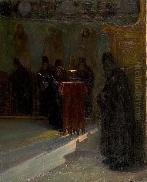 Praying At Mount Athos Oil Painting by Vassilis Magiassis