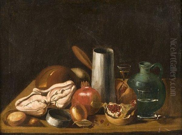 Nature Morte Aux Faiences Vertes Et Aux Grenades Oil Painting by Carlo Magini