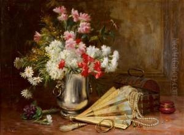 Stillleben Mit Blumen, Schmuck Und Einem Facher. Oil Painting by Desire Alfred Magne