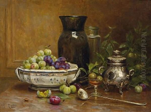 Still Life With A Bowl Of Plums And A Silver Box Oil Painting by Desire Alfred Magne