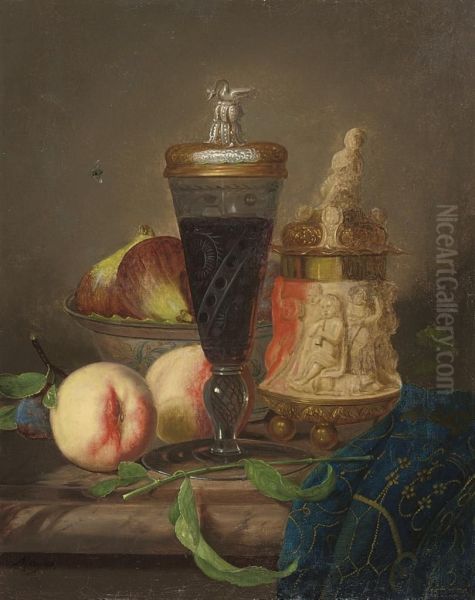 An Ornamental Urn, A Goblet Of Wine, A Bowl Of Figs, Peaches, A Plum And A Drape On A Ledge Oil Painting by Desire Alfred Magne