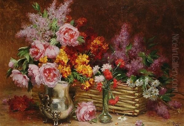 Still Life Flowers With Urn And Basket Oil Painting by Desire Alfred Magne