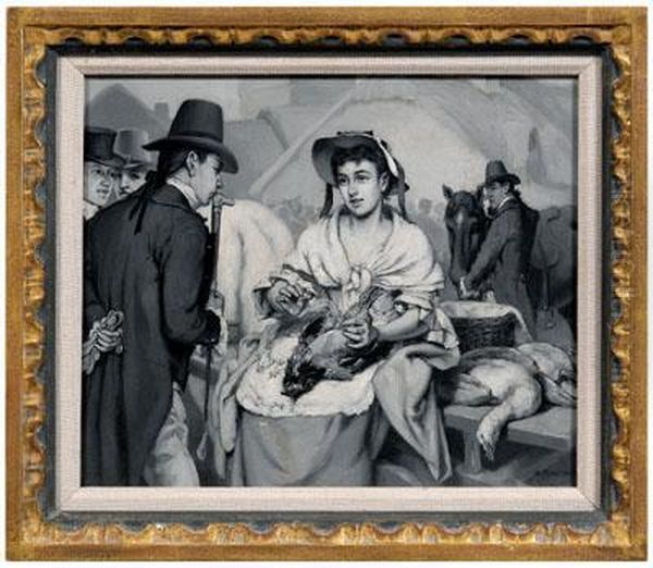 Woman Plucking Chicken In A Market Oil Painting by William Magrath