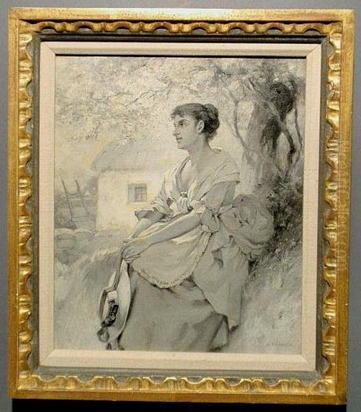 A Woman Seated Under A Tree With Cottage In The Background Oil Painting by William Magrath