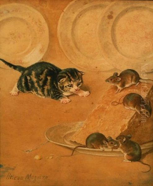 Cat And Mice Oil Painting by Helena J. Maguire