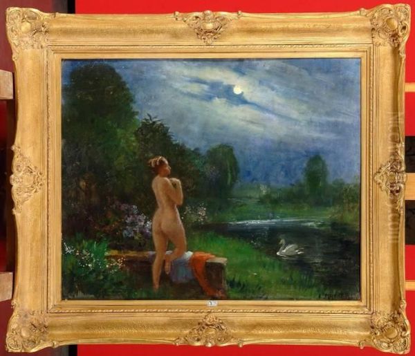 Leda Et Le Cygne Au Clair De Lune Oil Painting by Eugene Mahaux