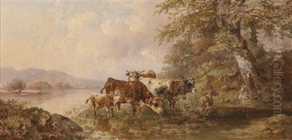 Cows By The Lake Shore Oil Painting by Edmund Mahlknecht