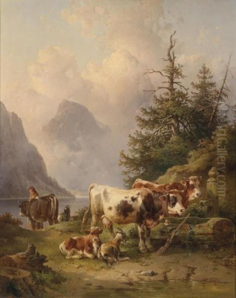 Herd Of Cows Bythe Lake Shore Oil Painting by Edmund Mahlknecht