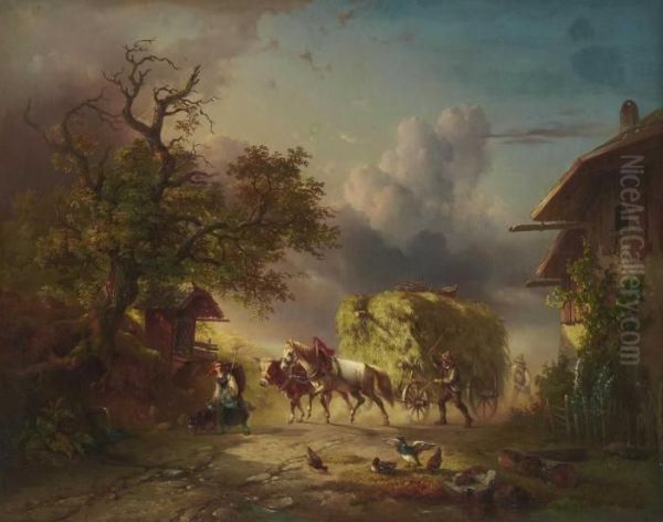 Bauern Mit Heuwagen Auf Dorfstrase. Oil Painting by Edmund Mahlknecht