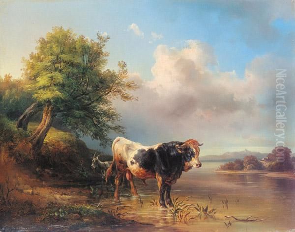 Stier Und Ziege Am Wasser Oil Painting by Edmund Mahlknecht