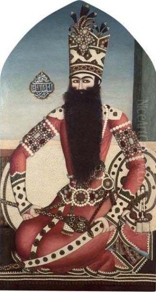 Rare And Important Monumental Portrait Of Fath 'ali Shah Qajar Oil Painting by Mubarak Ibn Mahmud Al-Qajar