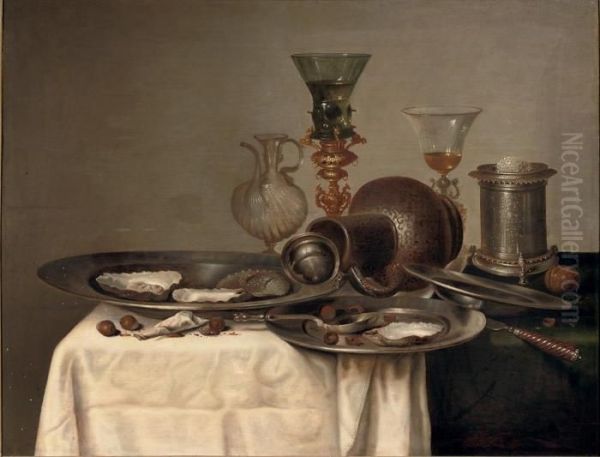 Oysters And Hazelnuts On Pewter Dishes Oil Painting by Cornelis Mahu