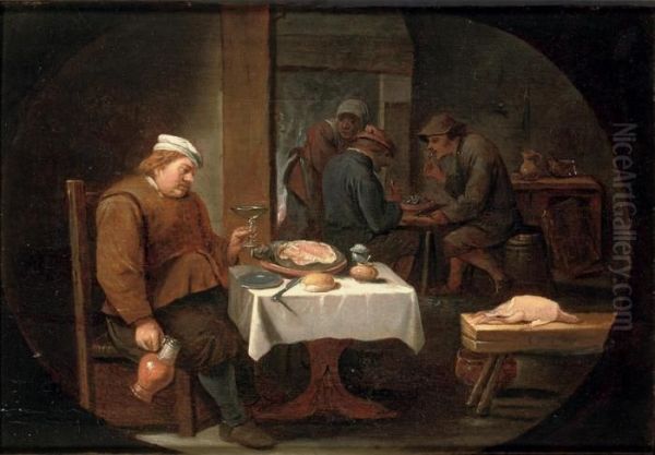 A Peasant At Dinner In A Tavern, In A Painted Oval Oil Painting by Cornelis Mahu