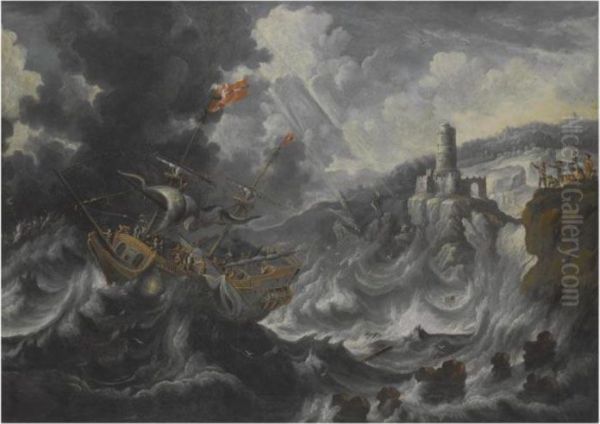 A Coastal Landscape With Shipping Caught In Tempestuous Seas Oil Painting by Cornelis Mahu