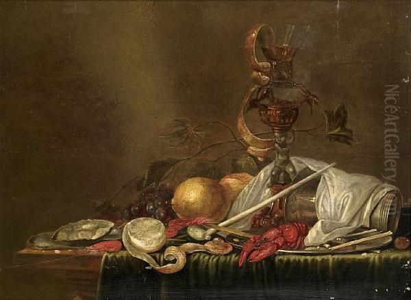 Roemer
Of White Wine With A Pewter Tankard And Peeled Lemons And Oysters On A Draped Table-top Oil Painting by Cornelis Mahu