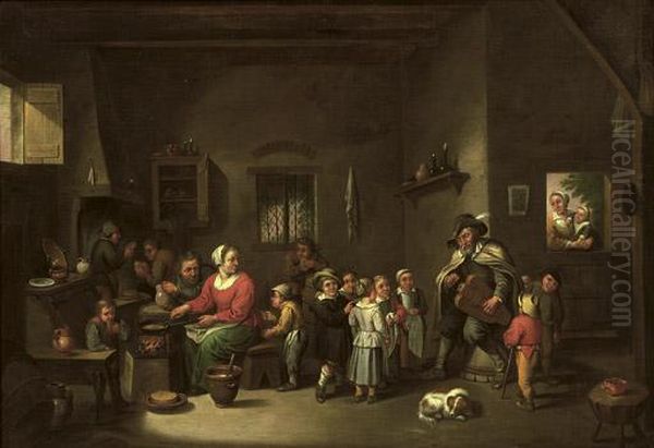 An Interior With A Hurdy-gurdy Player Making Music Oil Painting by Victor Mahu