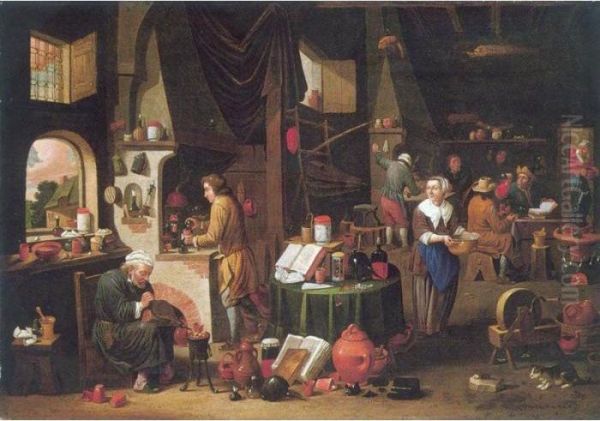 Interior With An Alchemist And His Assistants At Work Oil Painting by Victor Mahu