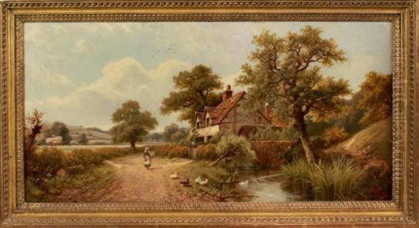 Figures Outside A Farmouse Oil Painting by Henry Maidment