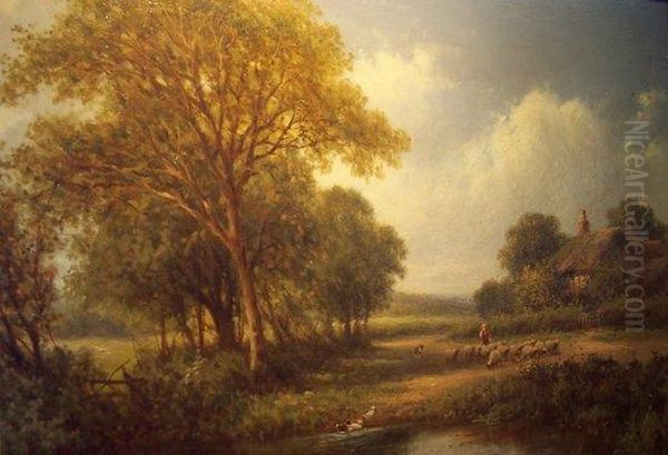 Shepherd With Flock By A Stream Oil Painting by Henry Maidment