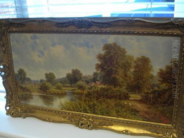 Rural River Scene Oil Painting by Henry Maidment