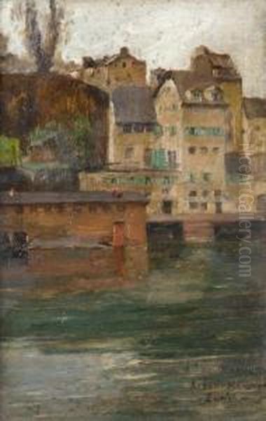 Zurich : Les Quais De La Limmat Au Niveau De Lindenhof Et Deschipfe Oil Painting by Albert Pierre Rene Maignan