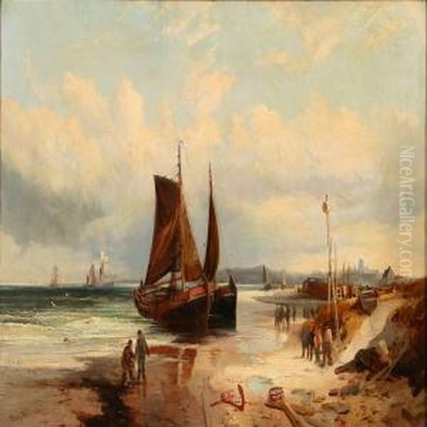 Coastal Scene With Ships And Fishermen On The Beach Oil Painting by Percy Mailland