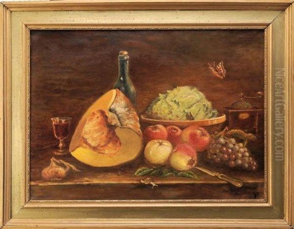 Nature Morte Au Potiron Et Papillon Oil Painting by Emile Maillard